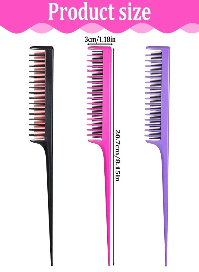 Alrhso 3 Pack Professional Teasing Comb, Triple Teasing Comb Rat Tail Tool Hair Cutting Combs Professional Add Volume Fine and Normal Hair Types for Women And Men (Black Purple and Red) - Image 2